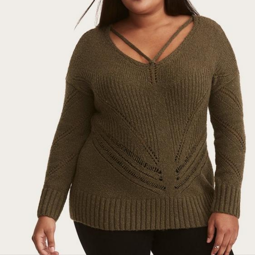 Torrid Olive Strappy Neck Pointelle Knit Pullover Sweater‎